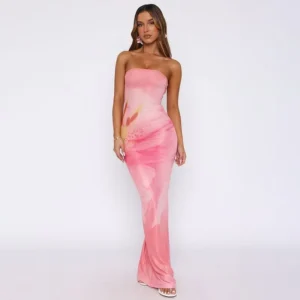 Women's Floral Print Backless Strapless Long Dress Summer Party Holiday Vacation Beach Streetwear Fashion Sleeveless Long Dress - Image 2