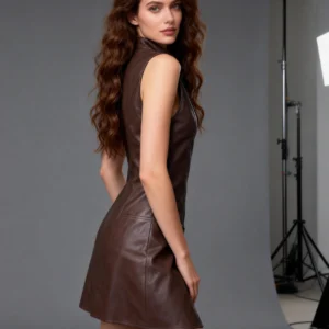 Women's Sleeveless Leather V Neck Mini Dress Zipper Front Bodycon Dress With Pockets - Image 5