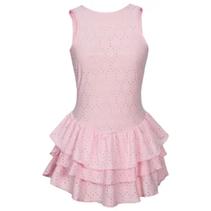 Women's Solid Colour Burned Flower Embroidery Ruffled Hem Mini Sleeveless Dress Elegant, Sensual, Pink Girly Style - Image 2
