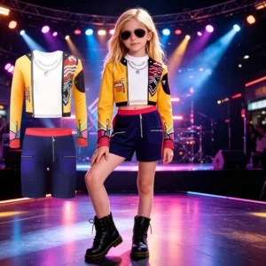 2026 Kids Girl Kpop Stage Performance Costume Hip Hop Outfit Cropped Jacket+Shorts 2PCS/Sets Streetwear Idol Concert Dance Party - Image 4