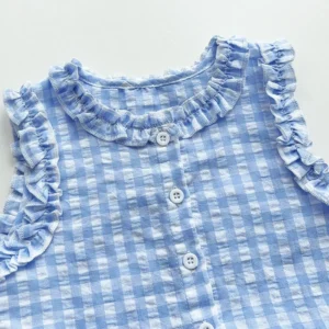 Blue and White Grid Fresh Casual Girls' Clothing Lace Sleeveless Single Breasted Vest+wide Leg Pants Two-piece Set for Summer - Image 3