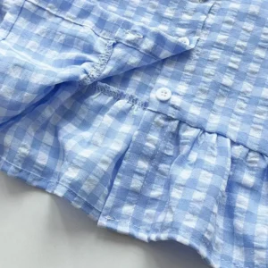 Blue and White Grid Fresh Casual Girls' Clothing Lace Sleeveless Single Breasted Vest+wide Leg Pants Two-piece Set for Summer - Image 4