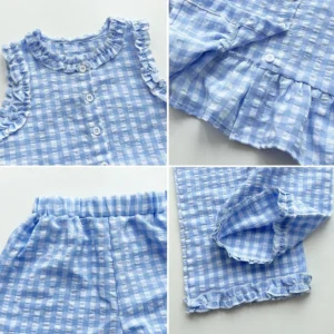 Blue and White Grid Fresh Casual Girls' Clothing Lace Sleeveless Single Breasted Vest+wide Leg Pants Two-piece Set for Summer - Image 6