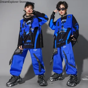 Boys Hip Hop Cool Blue Sweatshirt Vest Street Dance Cargo Pants Girls K-pop Jazz Costumes Children Clothes Sets Kids Streetwear - Image 4