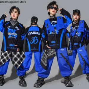 Boys Hip Hop Cool Blue Sweatshirt Vest Street Dance Cargo Pants Girls K-pop Jazz Costumes Children Clothes Sets Kids Streetwear - Image 3