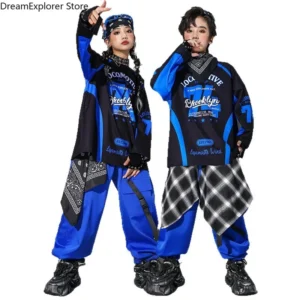 Boys Hip Hop Cool Blue Sweatshirt Vest Street Dance Cargo Pants Girls K-pop Jazz Costumes Children Clothes Sets Kids Streetwear - Image 5