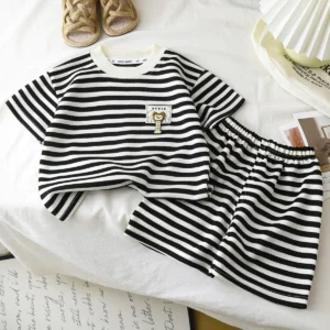 Children's Suit 2PCS Set New Summer Short Sleeve +Shorts Striped Boy Girl Child T-shirt Baby Clothes Children's Clothing - Image 4