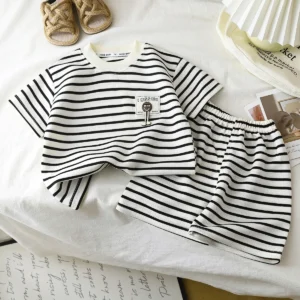 Children's Suit 2PCS Set New Summer Short Sleeve +Shorts Striped Boy Girl Child T-shirt Baby Clothes Children's Clothing - Image 3