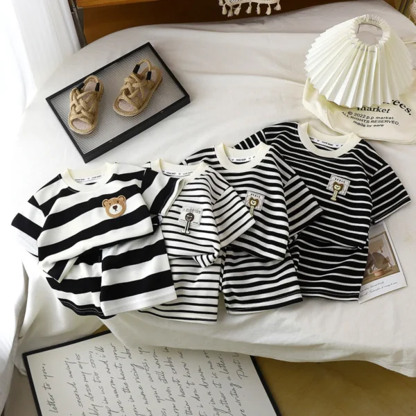 Children's Suit 2PCS Set New Summer Short Sleeve +Shorts Striped Boy Girl Child T-shirt Baby Clothes Children's Clothing