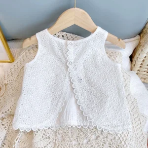 Girls 2024 Summer Clothing Sets Hollow Lace Suit Baby Casual Sleeveless T-shirt+Shorts Kids Clothing Sets Baby Clothes Outfits - Image 4