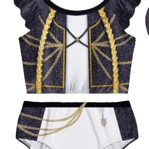 Glam Rock Girls 3 Pcs Swimsuit Set Black Gold Chain Print Ruffle Top & Contrast Color Bottoms with Swim Cap Kids Concert Costume - Image 5