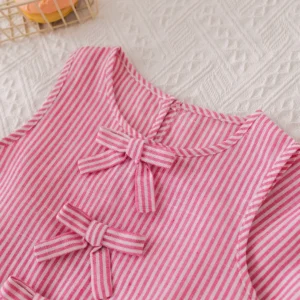 Humor Bear Summer Girls' Suits Pink vertical stripe Bow Sleeveless Vest Top+Pants Two-piece Set Sweet Kids' Clothing Sets - Image 3
