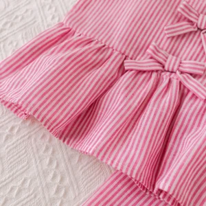 Humor Bear Summer Girls' Suits Pink vertical stripe Bow Sleeveless Vest Top+Pants Two-piece Set Sweet Kids' Clothing Sets - Image 4