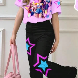 Kids Girls 2 Piece Cartoon Star Print Short Sleeve Tee & Flare Pants Set Cute Casual Summer Outfit - Image 3