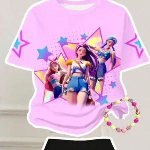 Kids Girls 2 Piece Cartoon Star Print Short Sleeve Tee & Flare Pants Set Cute Casual Summer Outfit - Image 4