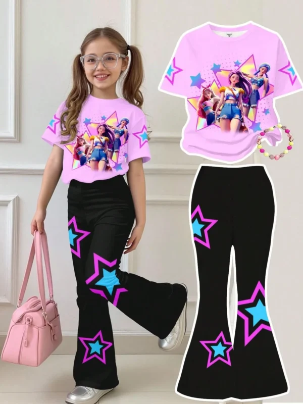 Kids Girls 2 Piece Cartoon Star Print Short Sleeve Tee & Flare Pants Set Cute Casual Summer Outfit