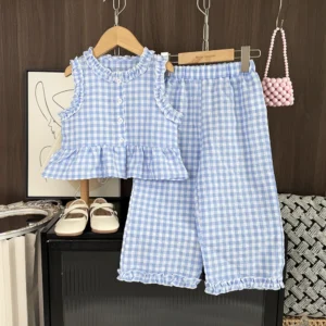 Pink Girl's Summer Two-piece Set with Single Breasted Sleeveless Top and Casual Pants, New Children's Sets Kids Clothes - Image 5