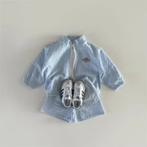 TZ2624 Summer Plaid Stand Collar Jacket And Shorts Set for Kids Thin Zipper Sun Protection Clothing Trendy Two-Piece Outfit - Image 3