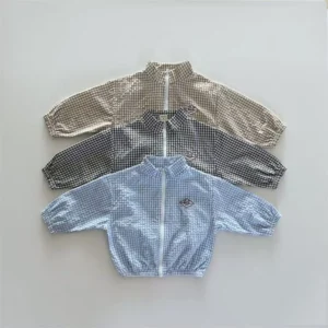TZ2624 Summer Plaid Stand Collar Jacket And Shorts Set for Kids Thin Zipper Sun Protection Clothing Trendy Two-Piece Outfit - Image 4