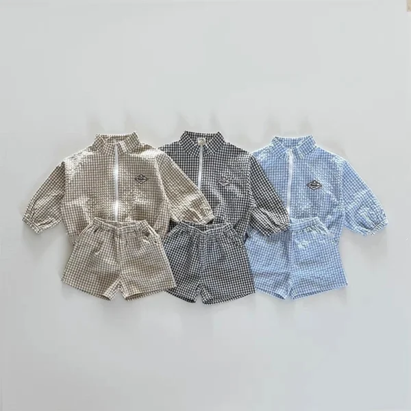 TZ2624 Summer Plaid Stand Collar Jacket And Shorts Set for Kids Thin Zipper Sun Protection Clothing Trendy Two-Piece Outfit